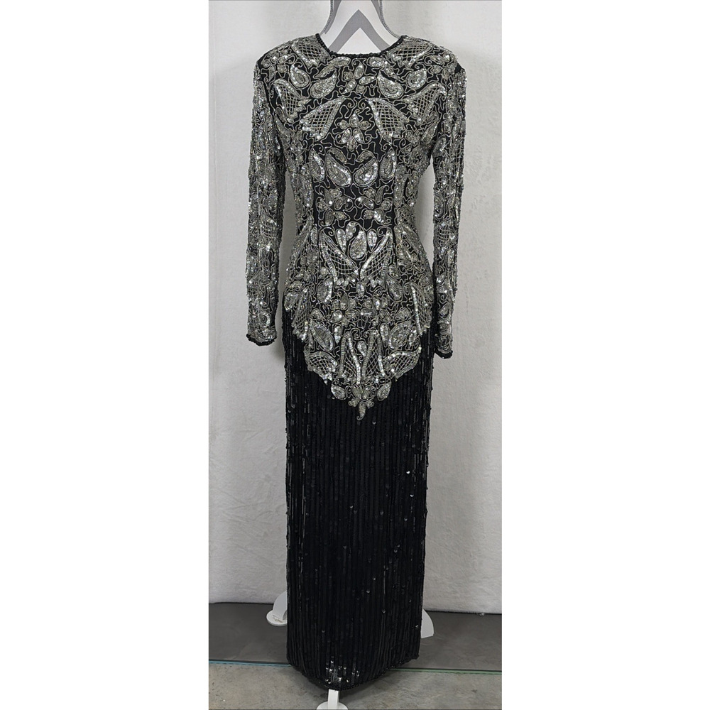 Sweelo Vintage Black Heavily Beaded Sheath Evening, Event MIDI Dress Sz S 6-8